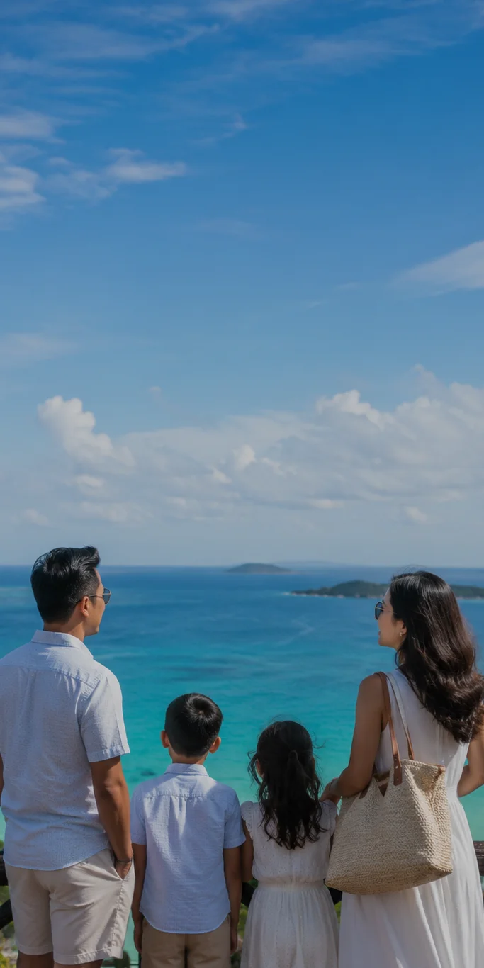 A family of four stands together looking out over the expansive sea near Kouri Island, Okinawa.