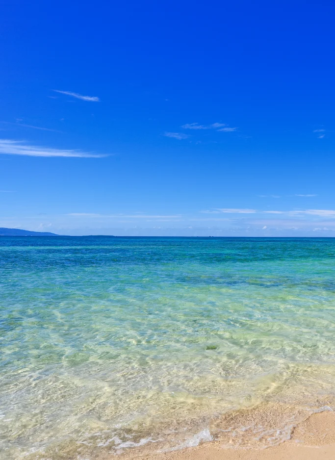 Sunlight illuminates clear, shallow water transitioning from beige sand to a vibrant azure horizon in Okinawa.