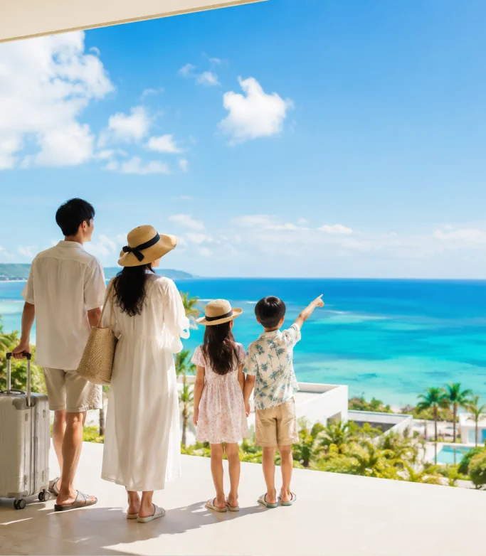 A family stands on a white terrace, observing the turquoise ocean and distant coastline in Okinawa.