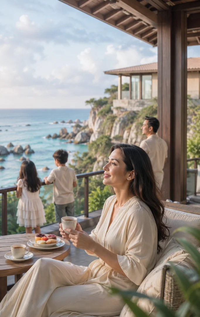 A family stands on a paved balcony, gazing toward the expansive blue ocean in Okinawa.