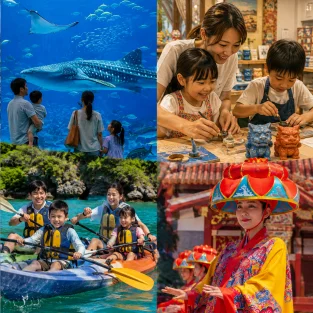 A collage shows aquarium visitors, children painting shisa, a family kayaking, and performers in Ryukyu costumes.
