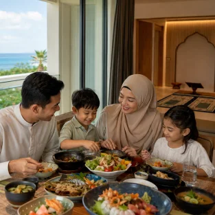 A family shares a meal of vibrant salads and seafood dishes beside a bright ocean view.