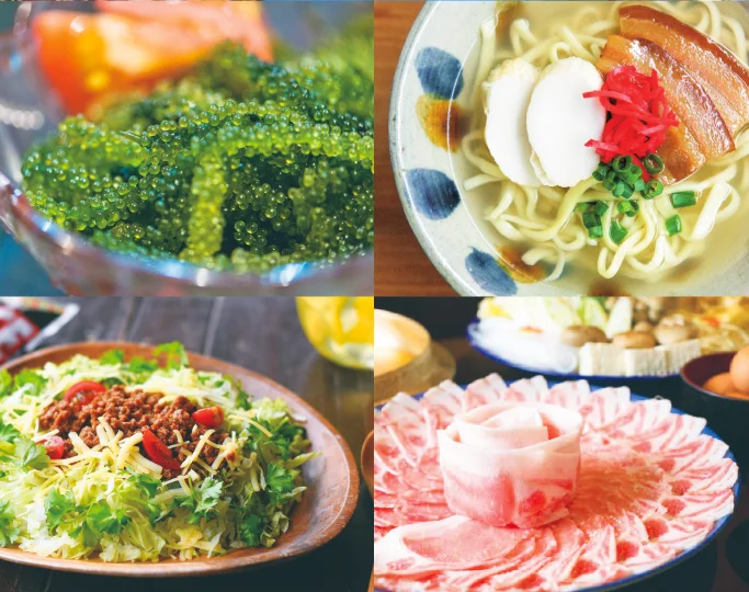 A family eats noodles at a wooden street stall illuminated by glowing paper lanterns in Okinawa.
