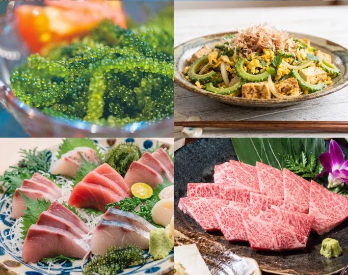 Hidangan laut segar, daging lembu berjalur lemak, dan sayuran tempatan disusun kemas dalam pinggan seramik Okinawa.
